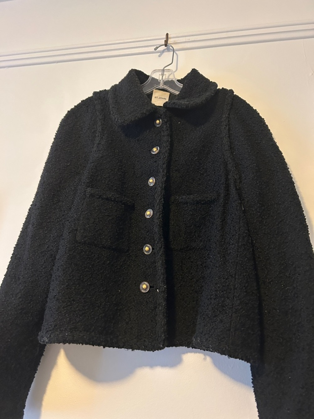 St. John Black Teddy Bouclé Jacket with Pearl Buttons